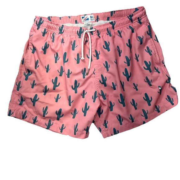 Bermies Swim Trunks Salmon  with all over Cactus print Sz Medium 5”inseam - Picture 1 of 8